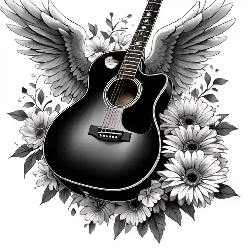 acoustic Guitar With Angel Wings and gerberas tattoo design idea