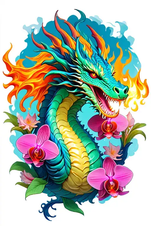Dragon breathing fire made of cake batter, surrounded by orchid blooms tattoo design idea