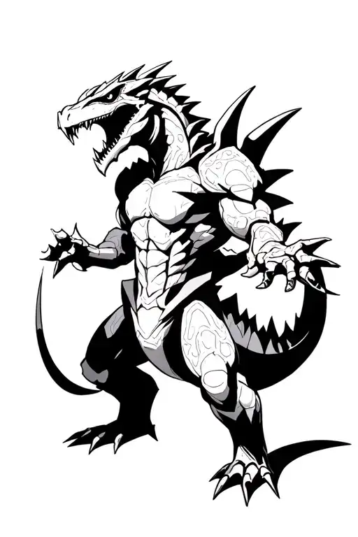 Ultimate conductor tyranno from the yu gi oh tcg, done as close as possible to the card art, sharp angles, menacing look tattoo design idea