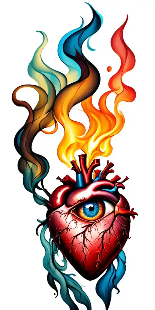 sacred heart with all seeing eye side fire smoke  tattoo design idea