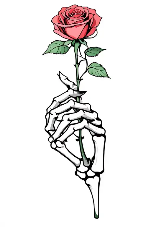 skeleton hand hold rose only line work tattoo design idea