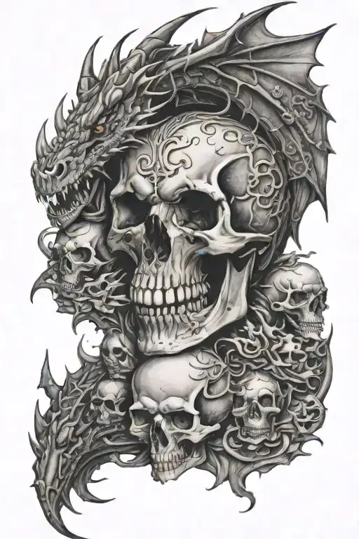 Dragon and a skull near the top and as we go down the arm sleeve, it turns into a grave yard of skulls and at the bottom tattoo design idea