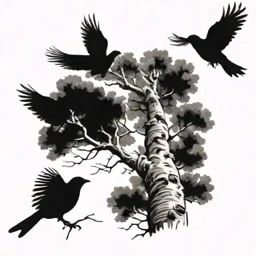 Aspen tree with 2 birds, 1 taking flight  tattoo design idea