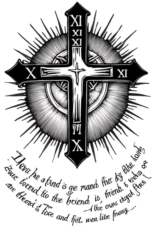 Cross with sun rays and roman numerals for 2013 and biblical quote about friendship  tattoo design idea