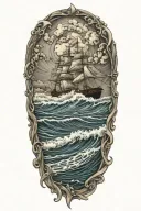 Ocean waves with ship sailing through stormy tattoo design idea