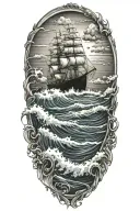 Ocean waves with ship sailing through stormy tattoo design idea