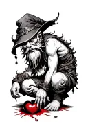 Evil Redcap Gnome Kneeling over a Bloody heart tattoo design idea