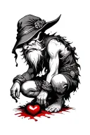 Evil Redcap Gnome Kneeling over a Bloody heart tattoo design idea