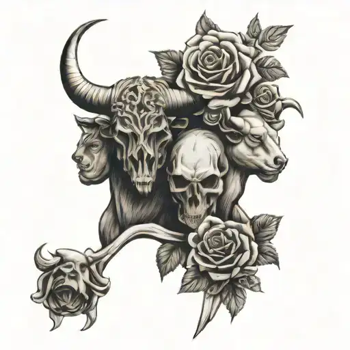 virgin and bull with skulls and roses intertwined tattoo design idea