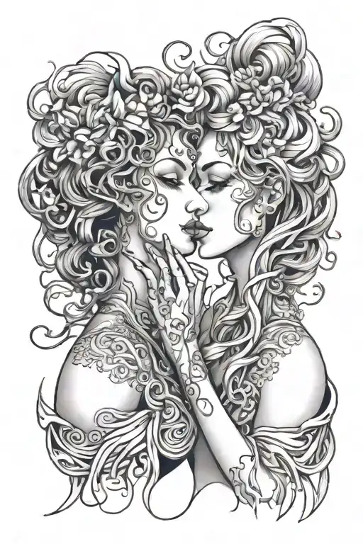 2 godesses about to kiss, their bodies intertwined, black and white, line art, tattoo design forarm tattoo design idea