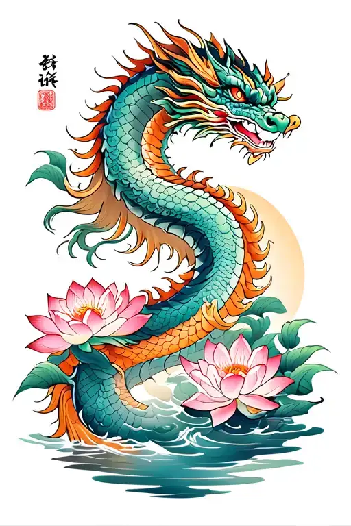 A long Chinese dragon wraps his arm, lotus flowers and water against the background tattoo design idea