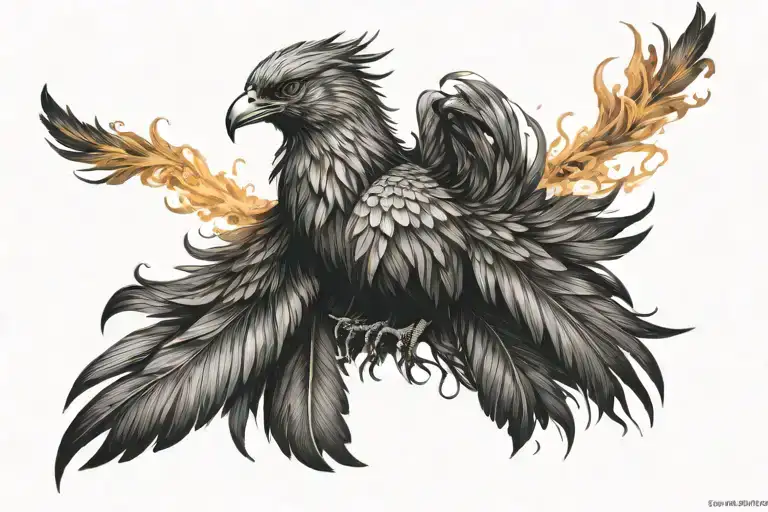 Phoenix very determined look shaking off ashes symbolizing overcoming PTSD uv ink for feathers to make the feathers glow tattoo design idea