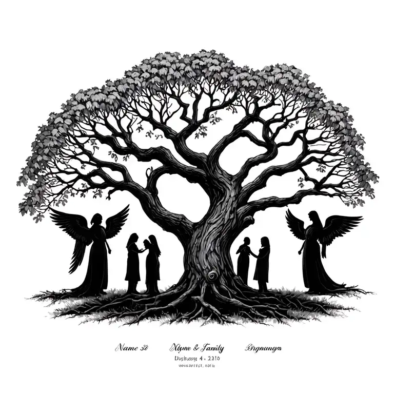 3 generation oak  family tree with names and dates. include guardian angels  tattoo design idea