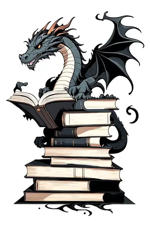 sophisticated black and grey dragon next to a tower of books while reading tattoo design idea