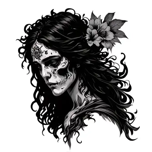 badass alcestis tattoo, masculine design, theme of devotion, loyalty, and love and death. shading and should be for a ma tattoo design idea