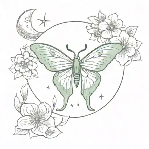 luna moth, moon surrounded by flowers representing divine feminine tattoo design idea