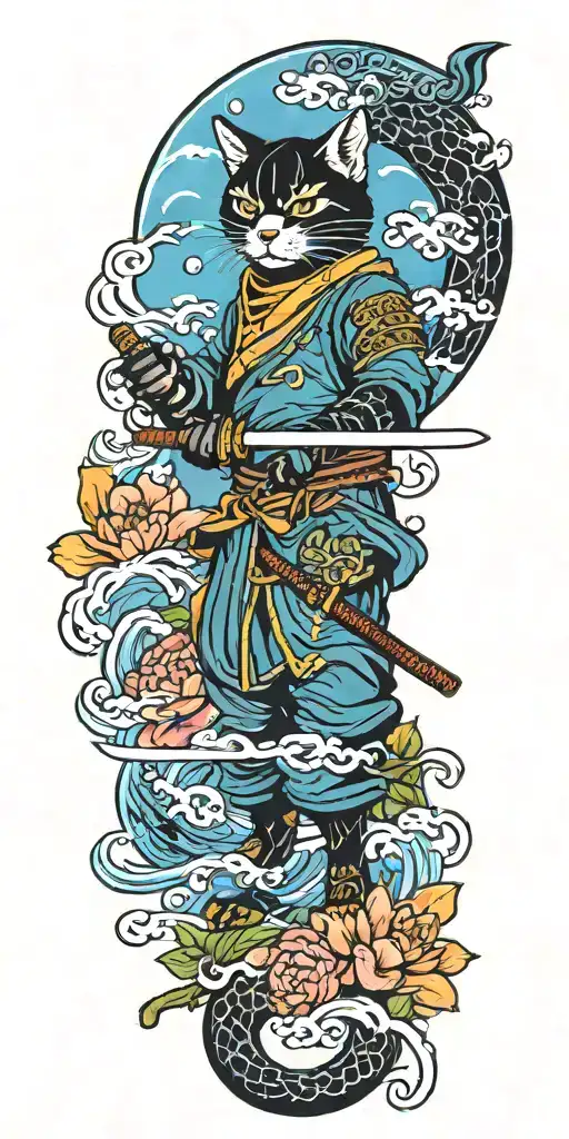 ninja cat holding katana, tail, water, waves, lotus, sakura, clouds, whirlpool, leaves, peony, sunset tattoo design idea