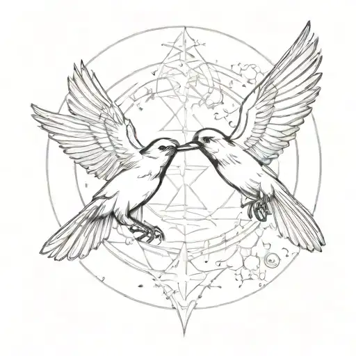 twin stellars jays facing each other in flight as a mirror image. north star in the middle above their heads. tattoo design idea