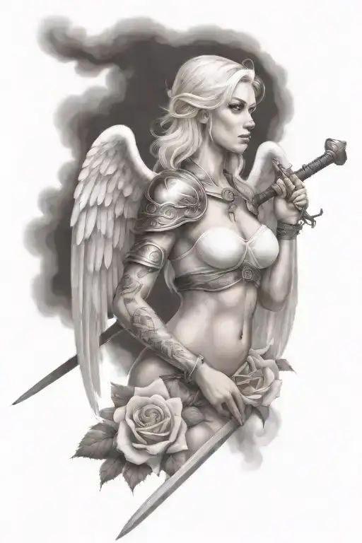 a sexy blond female angel as a warrior with some clouds, a rose and a Cross for a halfsleeve tattoo tattoo design idea