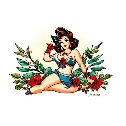 sailor jerry style pin up girl tattoo design idea