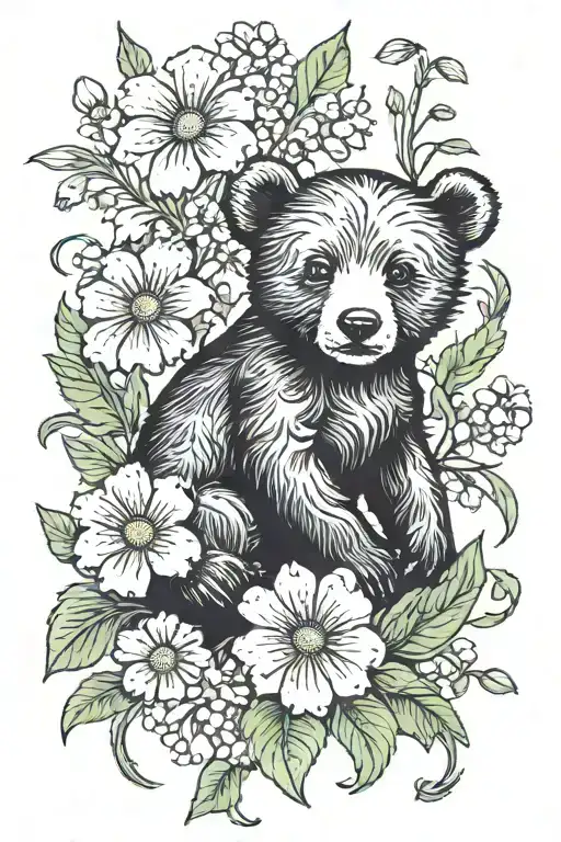 baby bear in a field of sweet pea and daisy flowers tattoo design idea