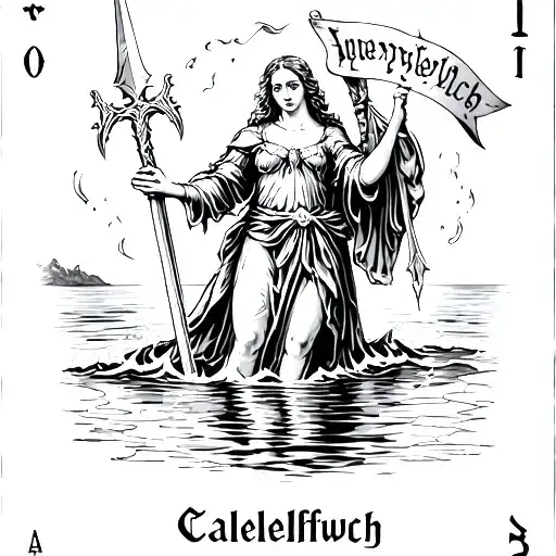 classic tarot card design Lady of the Lake's arm coming out of the water to catch excalibur with the banner "Caledfwlch" tattoo design idea