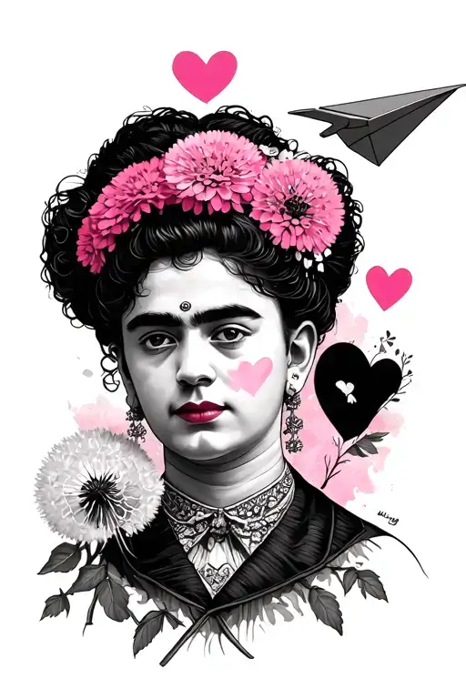 Frida Kahlo, Arthur Rimbaud, Dandelion, pink, heart, paper plane tattoo design idea