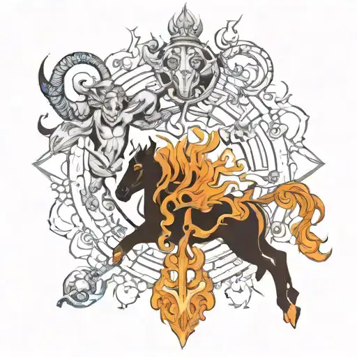 fire flame with zodiac signs leo, aries and Sagittarius incorpoted  tattoo design idea