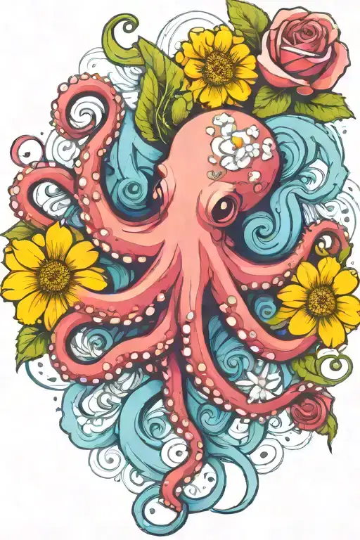 octopus, white flower  snowdrop, rose,  marigold flower tattoo design idea