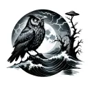 cryptid, waves, full moon, lightning strikes, dead trees, crow, owl, ufo tattoo design idea