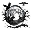 cryptid, waves, full moon, lightning strikes, dead trees, crow, owl, ufo tattoo design idea