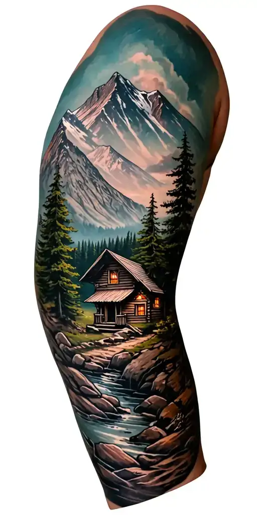 A detailed mountain landscape with a nestled cabin and a hidden hunting scene incorporated within the design tattoo design idea