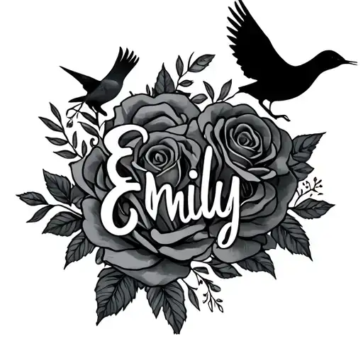 "Emily" roses, birds, and love you tattoo design idea