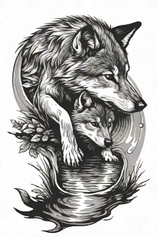 tattoo on forearm. Baby wolf looking down into a river and seeing a reflection of an adult wolf in the water. Surrounded tattoo design idea