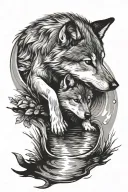 tattoo on forearm. Baby wolf looking down into a river and seeing a reflection of an adult wolf in the water. Surrounded tattoo design idea