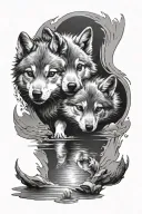 tattoo on forearm. Baby wolf looking down into a river and seeing a reflection of an adult wolf in the water. Surrounded tattoo design idea