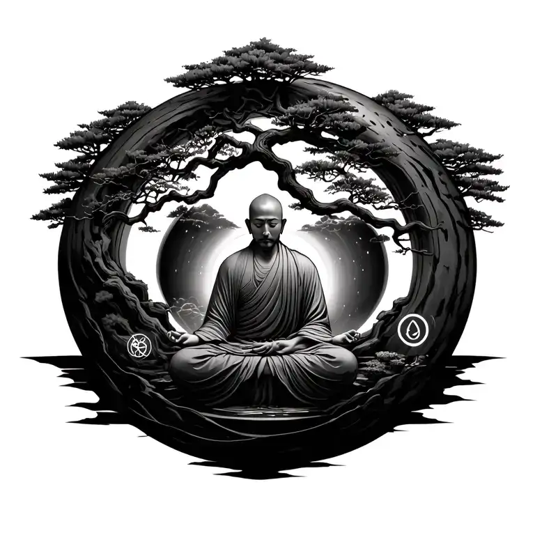 monk meditating inside bonsai covered enso, with tree of life in background and sigils depicting stages of grief.  tattoo design idea
