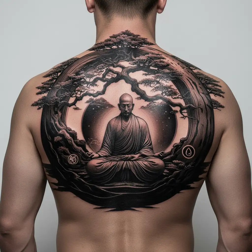 monk meditating inside bonsai covered enso, with tree of life in background and sigils depicting stages of grief.  tattoo design idea