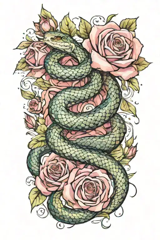 snake and roses intertwined tattoo design idea