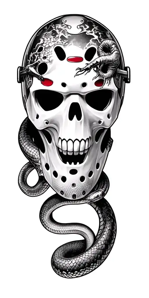 a new style goalie mask with a skull on the side and a snake coming out of one of the eyes tattoo design idea