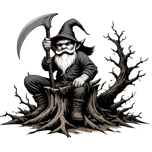 Evil Redcap Gnome Sitting on Rotting Tree Stump holding a hand Scythe as a weapon Back of hand tattoo fade for knuckles tattoo design idea