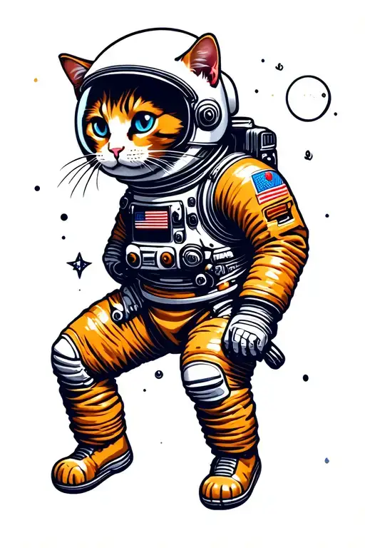 astronaut floating in space but with a cat head profile holding tattoo design idea