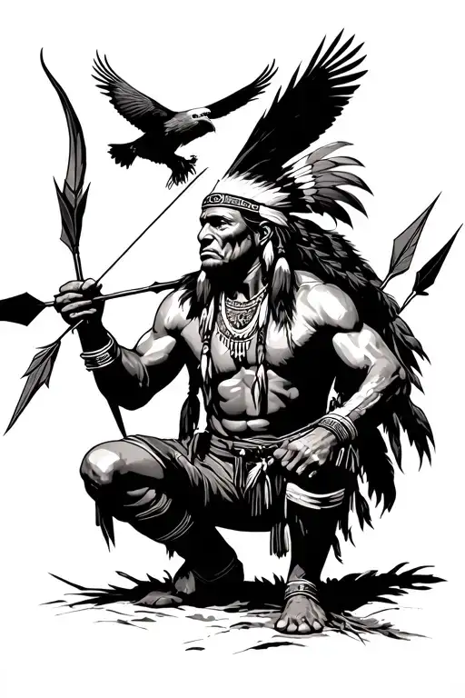 A crouching Indian holding a broken arrow with two arrows in a quiver and an eagle flying overhead tattoo design idea