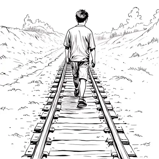 a boy walking down the railroad track tattoo design idea
