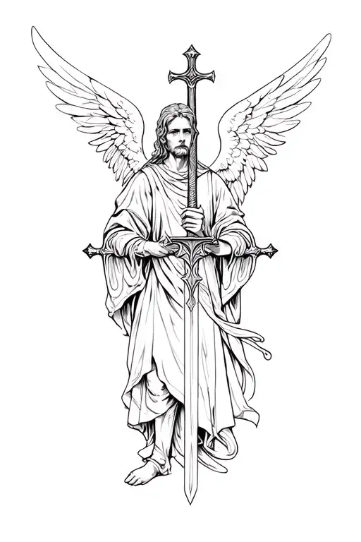guard angel in the form of a cross holding a sword  tattoo design idea
