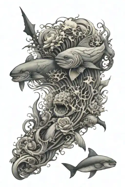 ocean theme leg sleeve tattoo design idea