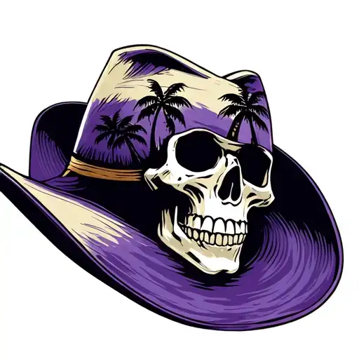 a skull in a panama hat, a dark purple panama hat, several palm trees are painted on the panama hat, one at a time, at d tattoo design idea