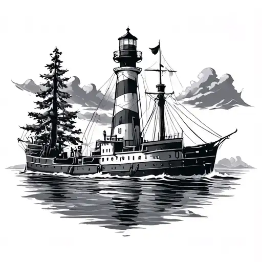 Steamboat and lighthouse tattoo design idea