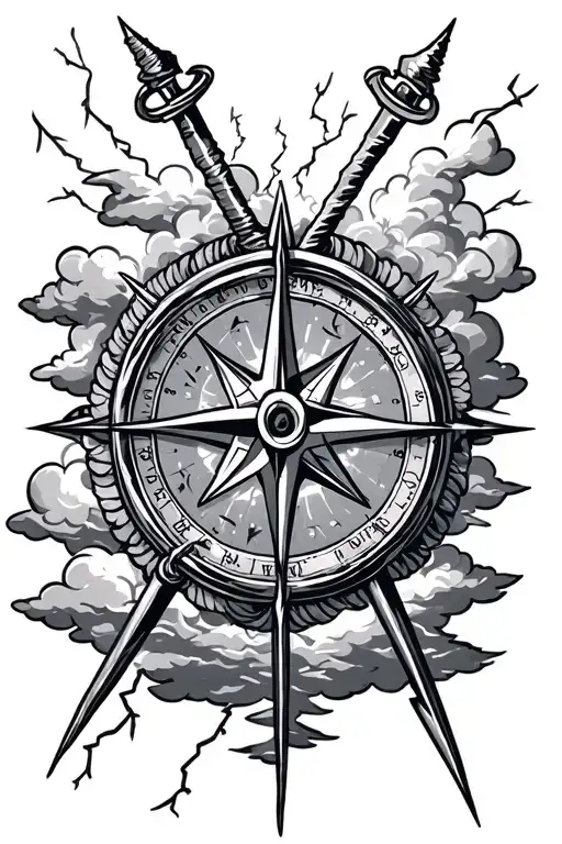 two compasses surrounded by clouds and lighting storm tattoo design idea