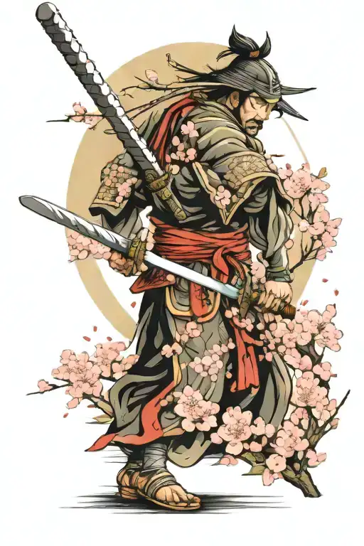 samurai warrior wielding a sword, pagoda temple with cherry blossoms tattoo design idea